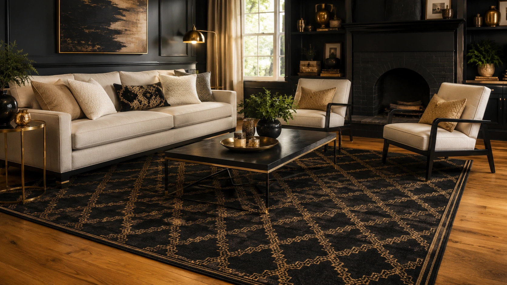 Black and gold geometric rug anchoring a luxury living room over warm wood floors.