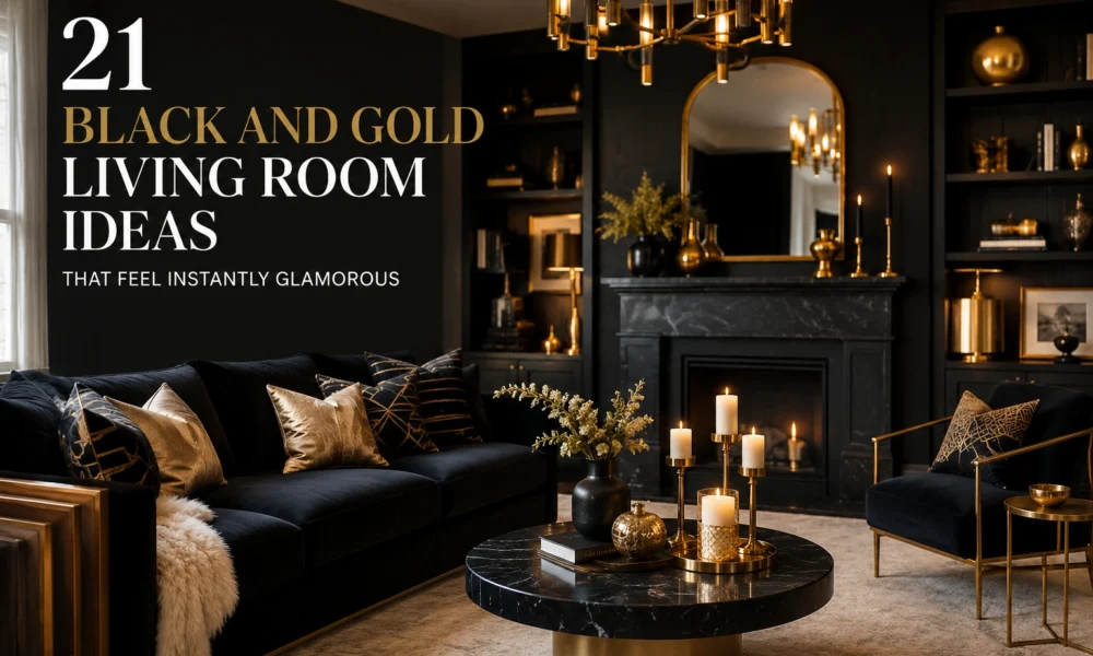 Black and gold living room with velvet sofa, gold mirror, chandelier, candles and dark fireplace.