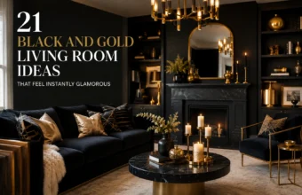 Black and gold living room with velvet sofa, gold mirror, chandelier, candles and dark fireplace.