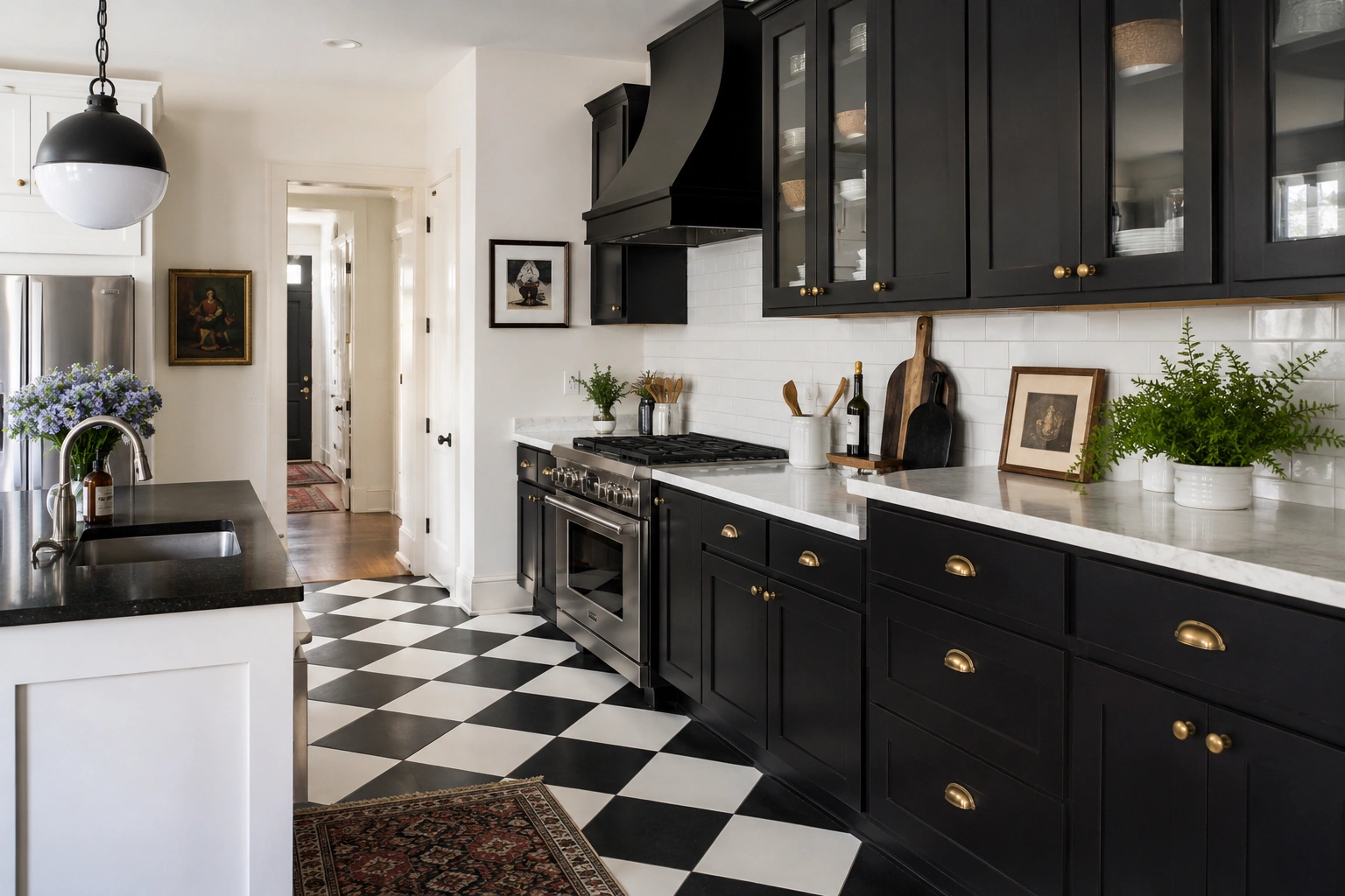 Black kitchen with black and white checkerboard floor tile, brass hardware, and white subway tile backsplash.