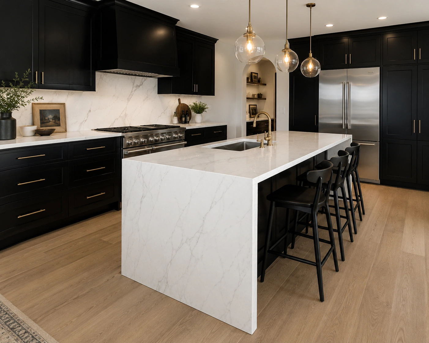 Black kitchen cabinets with a white marble waterfall island and brass pendant lighting.
