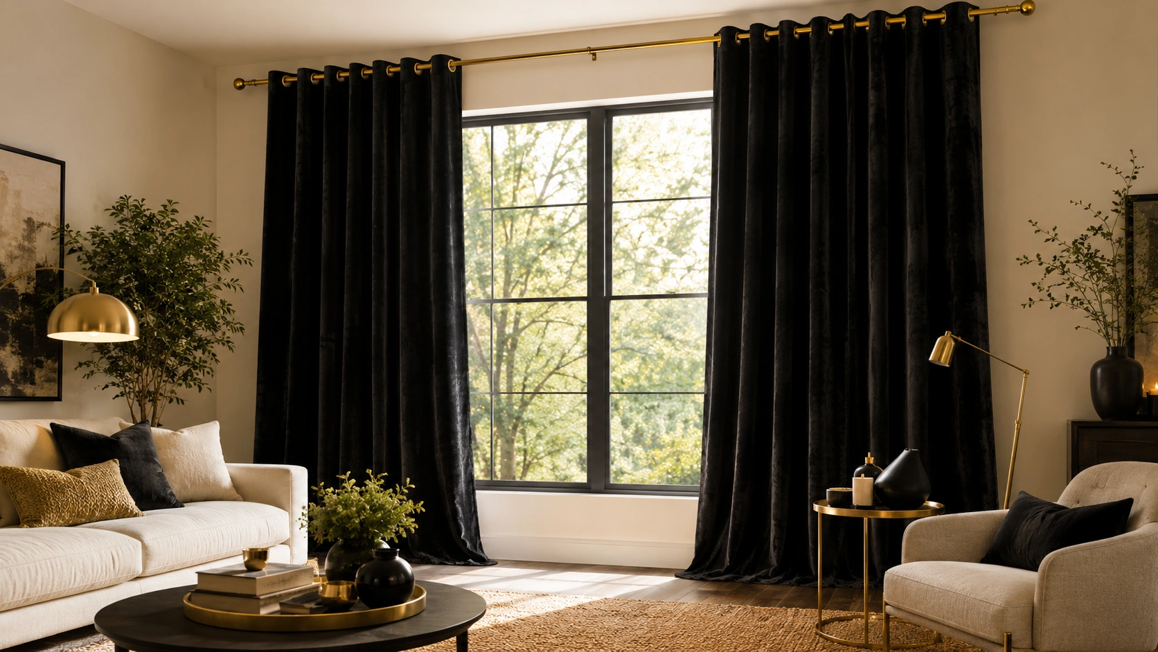 Black velvet curtains with gold curtain rod and eyelet rings in an elegant neutral living room.