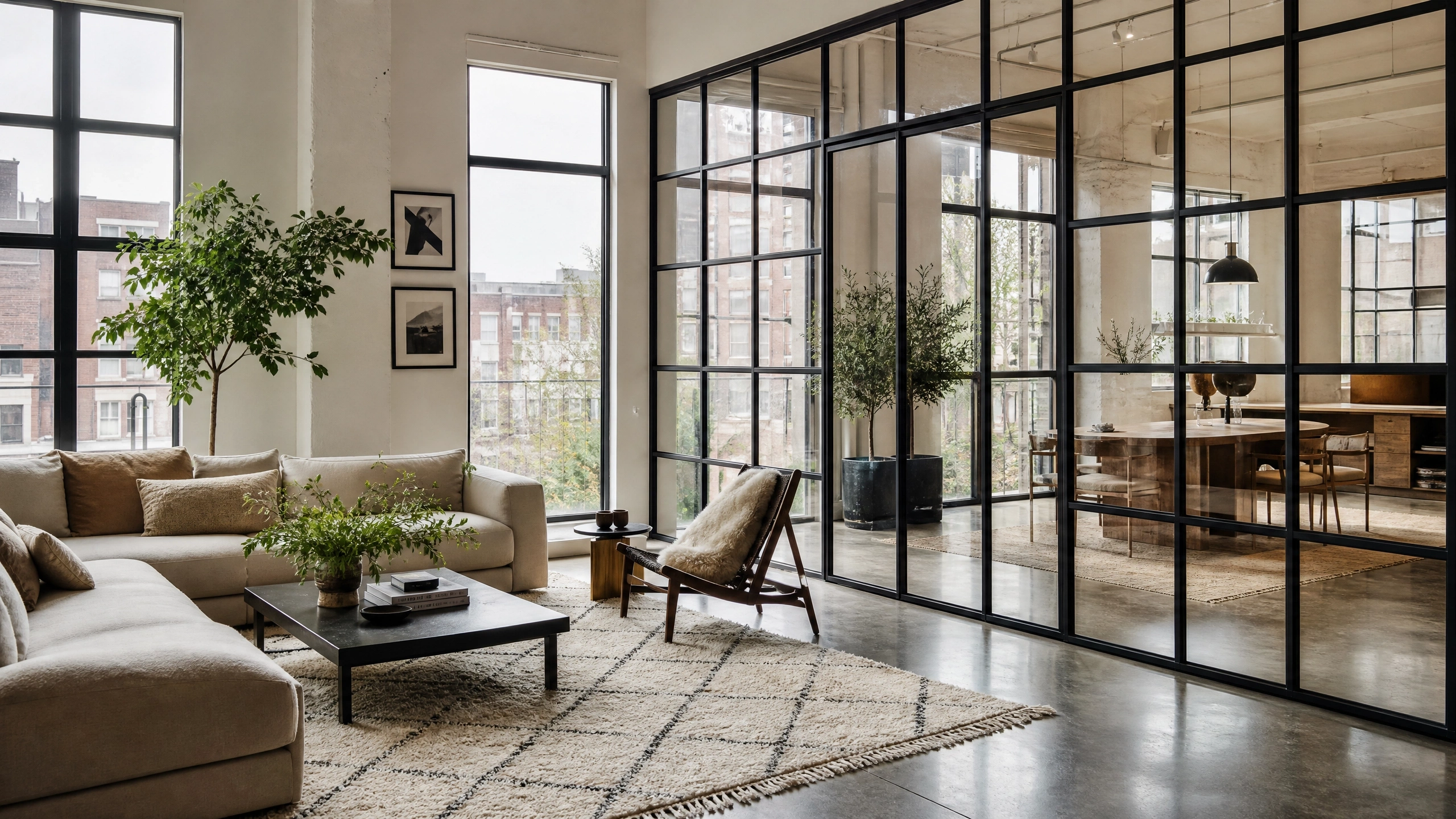 Modern living room with a black-framed glass partition wall, neutral sofa, plants, and airy loft windows.