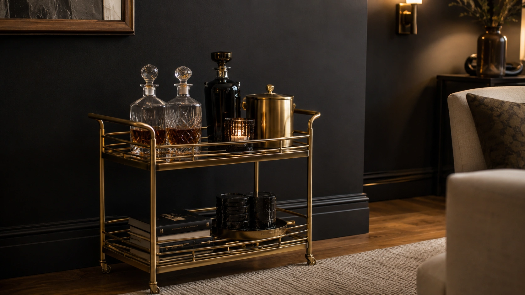 Gold bar cart styled with crystal decanters, black bottles and brass accents in a dark living room.