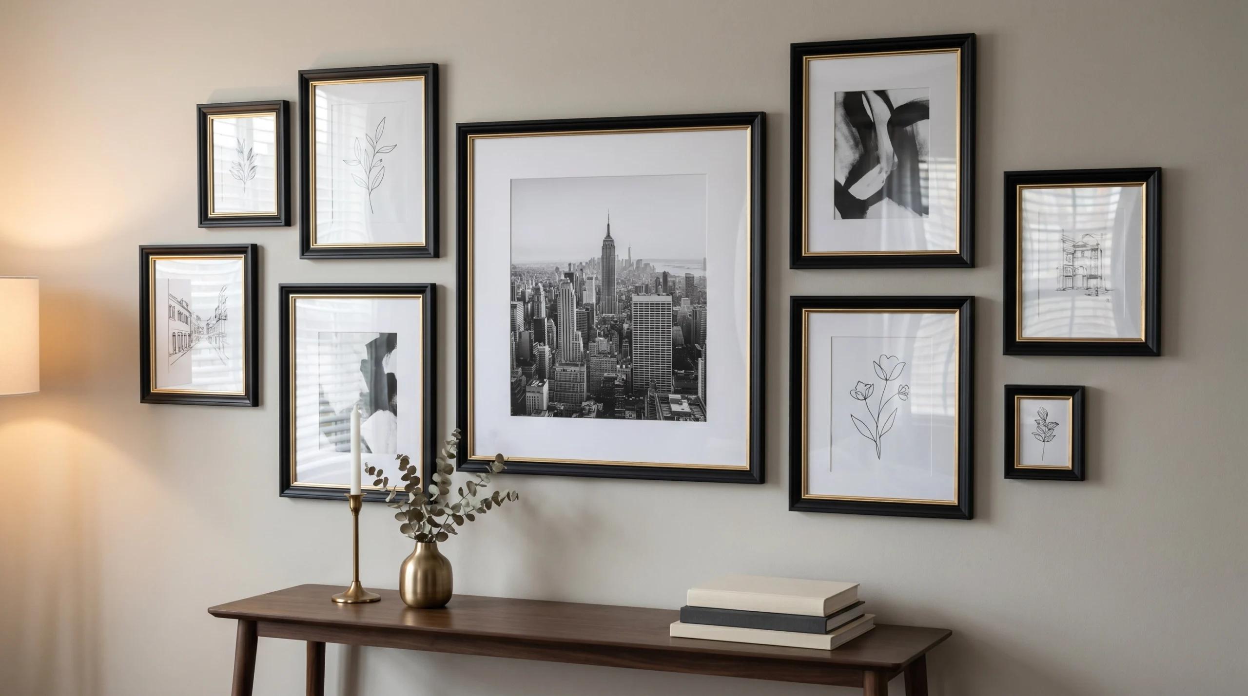 Black and gold gallery wall with matching frames above a wooden console table