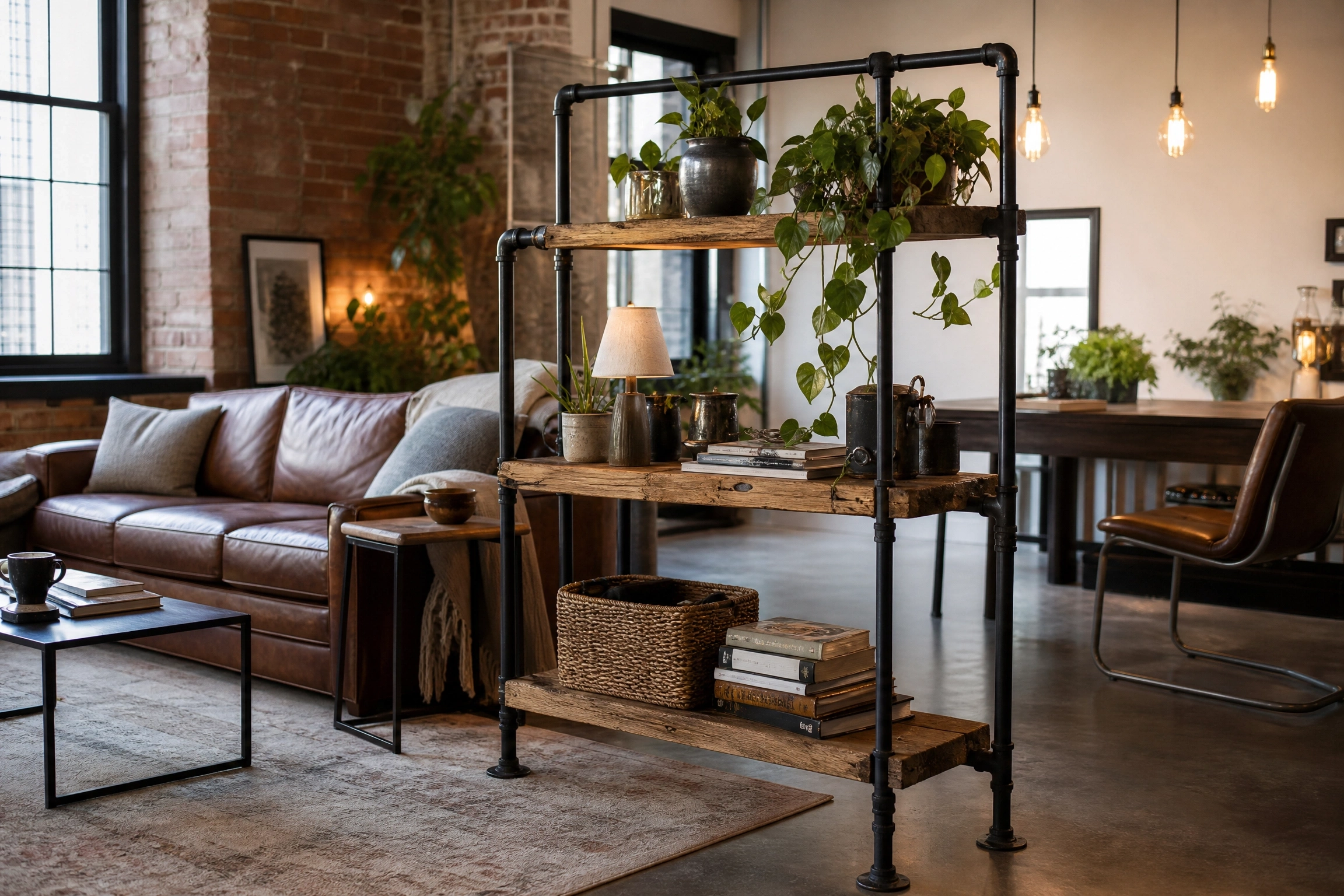Black industrial pipe and reclaimed wood shelf room divider in a loft living room.