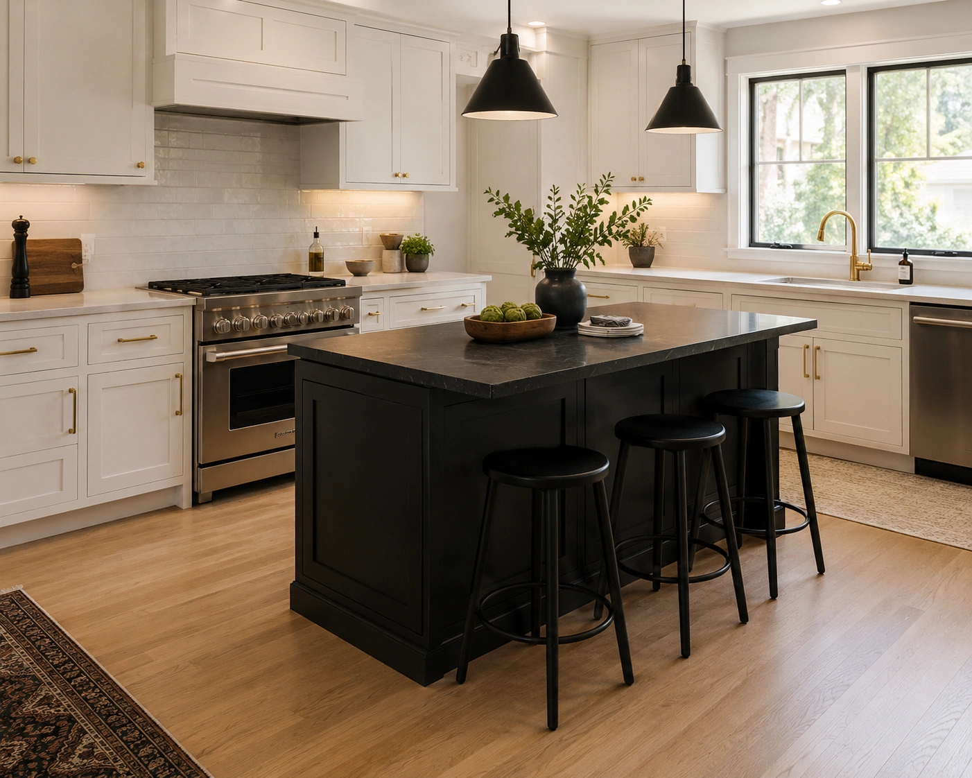 Black kitchen island with light shaker perimeter cabinets, brass hardware, white tile backsplash, and pendant lights
