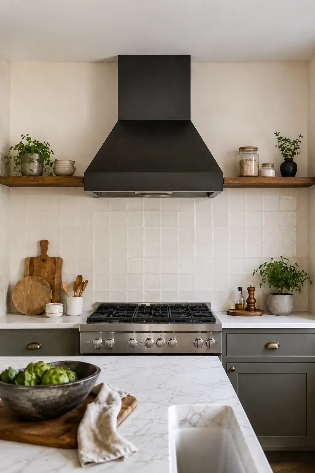 Black kitchen hood flanked by open wood shelves above white tile backsplash and sage green cabinets.