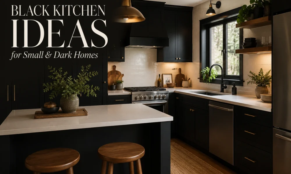 Black kitchen with white countertops, warm lighting, wood shelves, and text overlay for small dark homes.