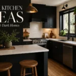 Black kitchen with white countertops, warm lighting, wood shelves, and text overlay for small dark homes.