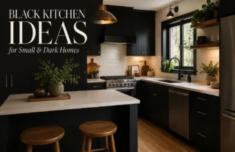Black kitchen with white countertops, warm lighting, wood shelves, and text overlay for small dark homes.