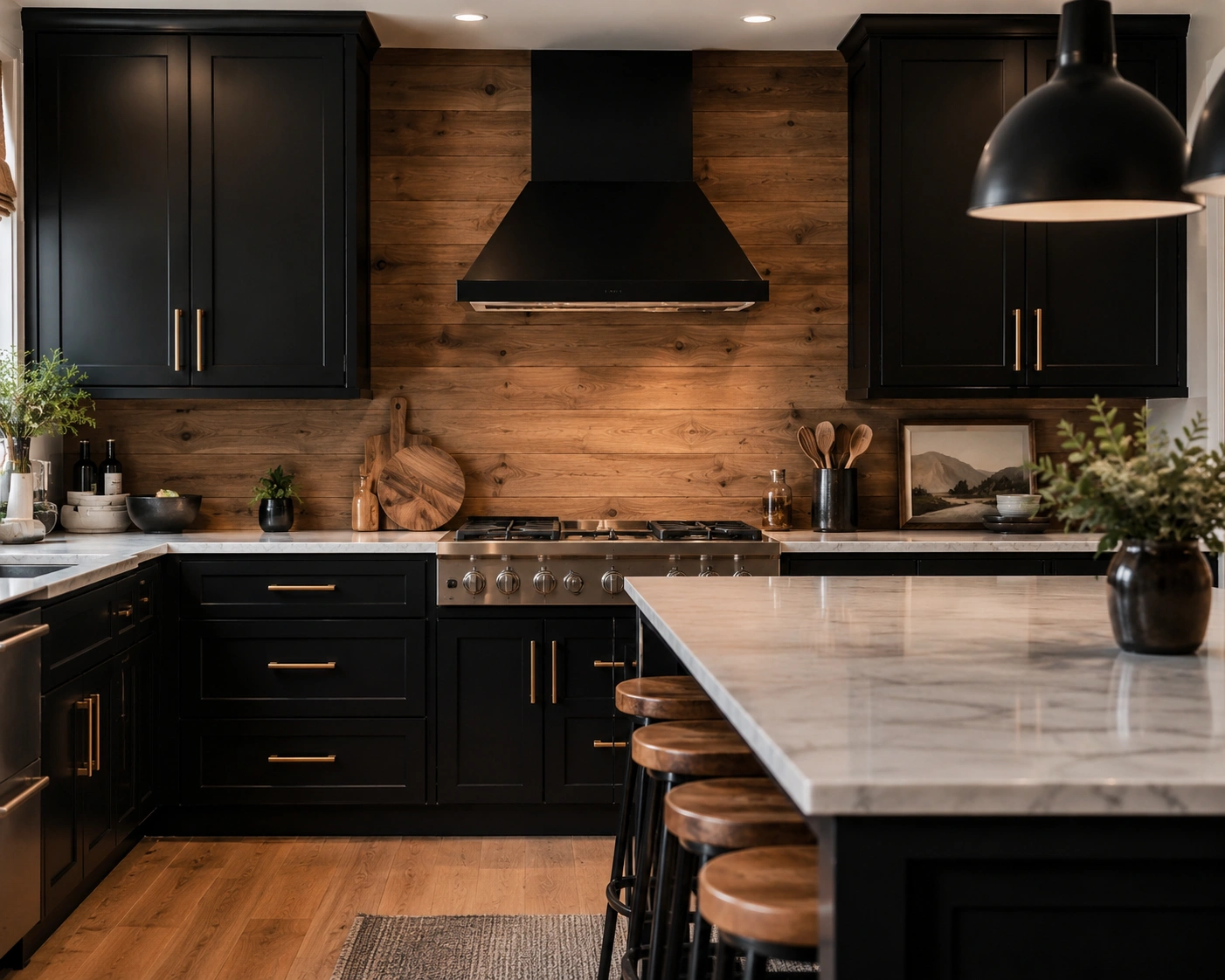 Black kitchen with a warm wood accent wall, black cabinets, brass handles, and marble island.