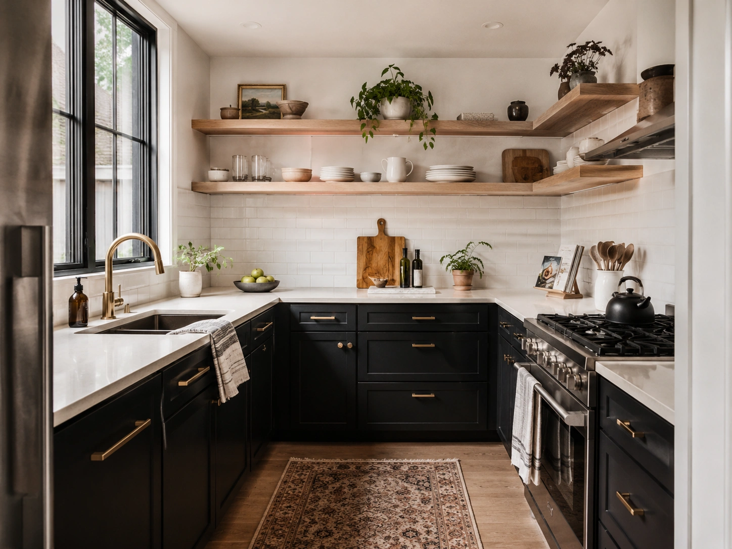 Black lower kitchen cabinets with brass pulls, white counters, and open wood shelves above.