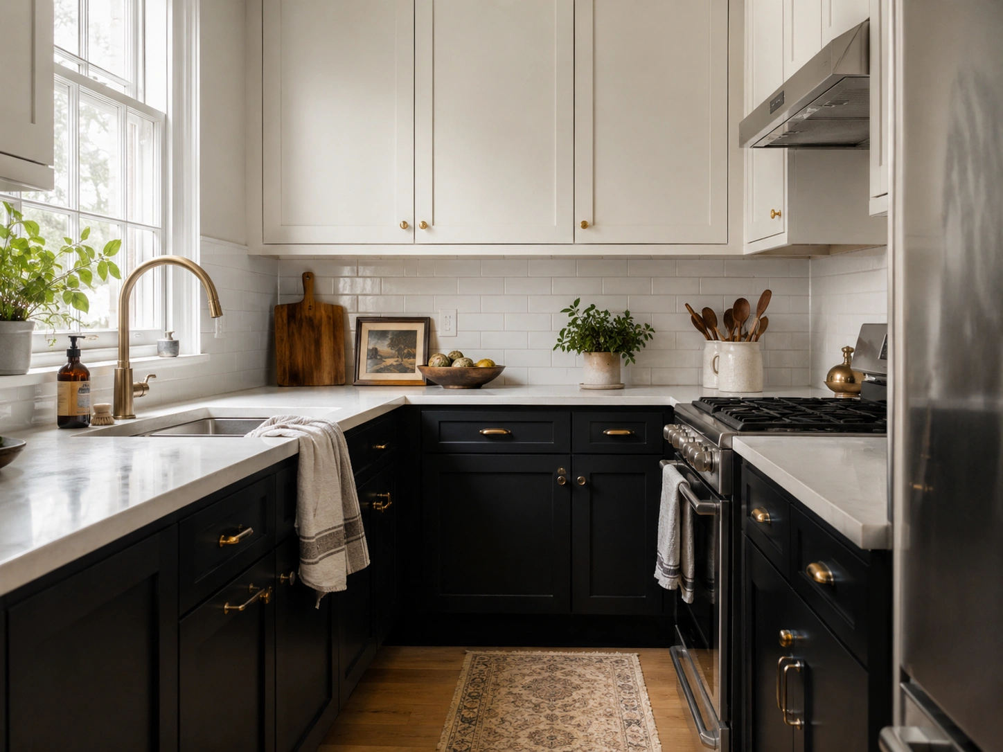 Two-tone tuxedo kitchen with black lower cabinets, light upper cabinets, brass hardware, and white tile backsplash.
