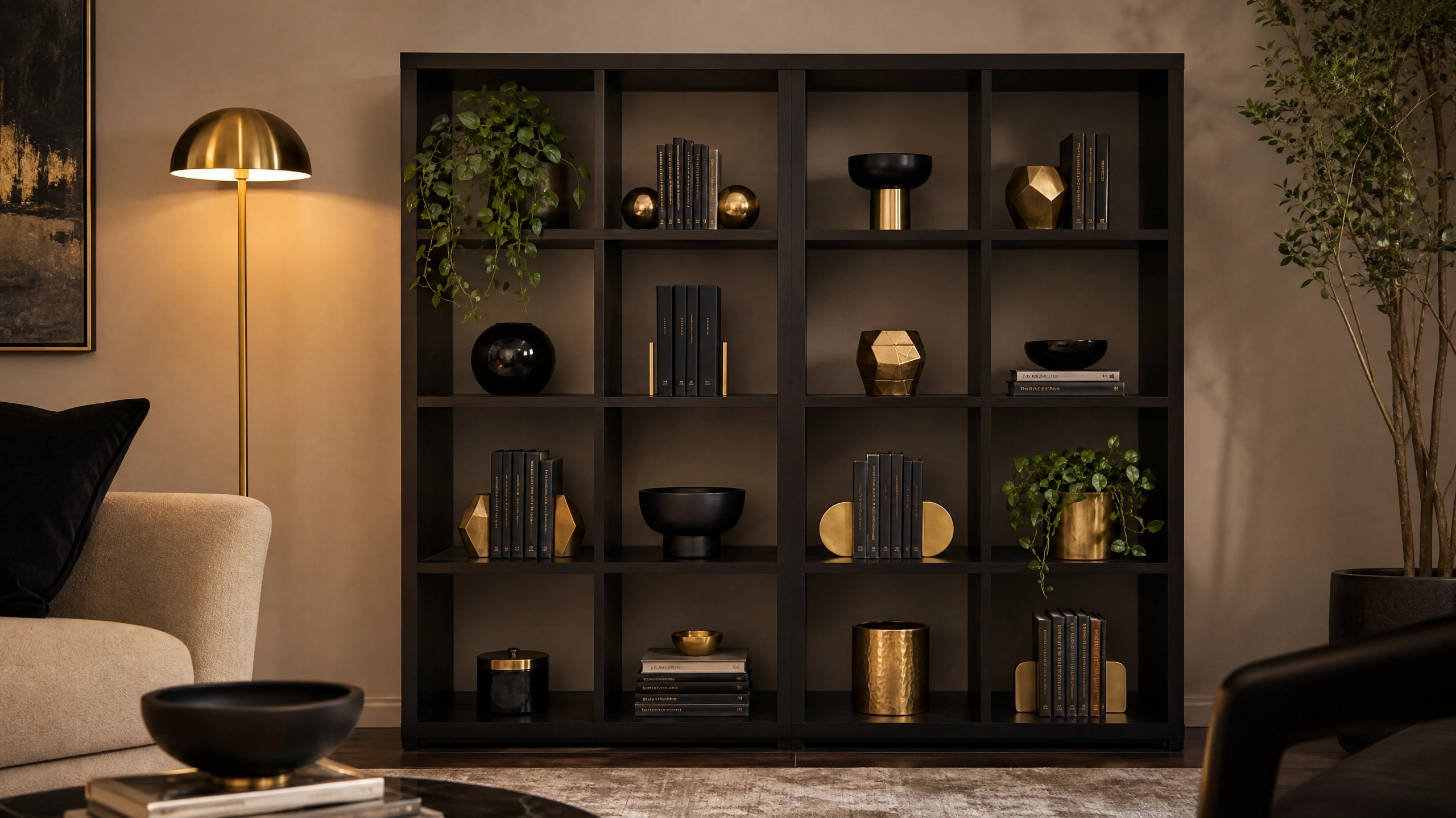 Black open shelving styled with gold bookends, black books, sculptural decor, and trailing plants in a modern living room.