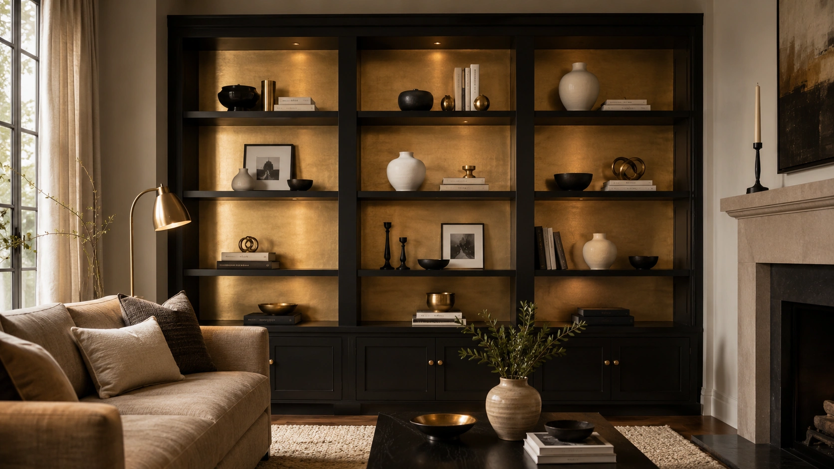 Black built-in shelves with gold interior backing styled with vases, books, and brass decor in a luxury living room