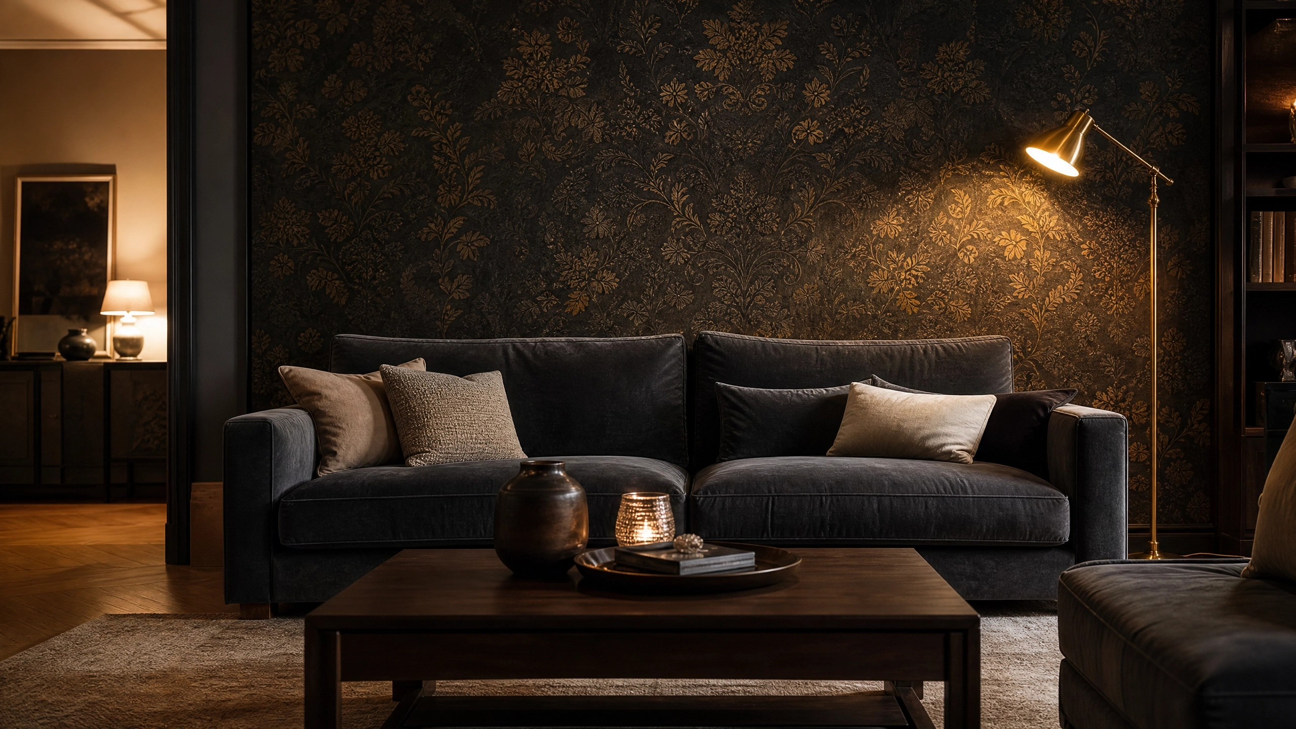 Black patterned wallpaper with subtle gold metallic detail behind a dark sofa in a moody living room.