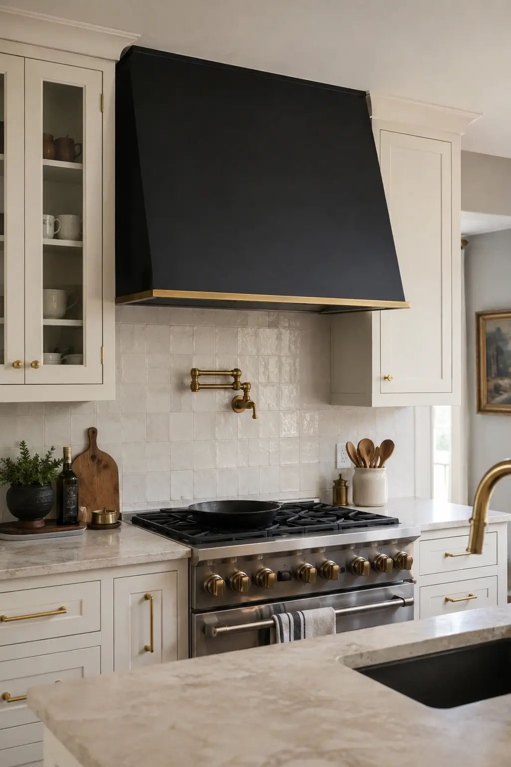 Black range hood with brass bottom strip above a range in a cream kitchen with zellige tile backsplash.