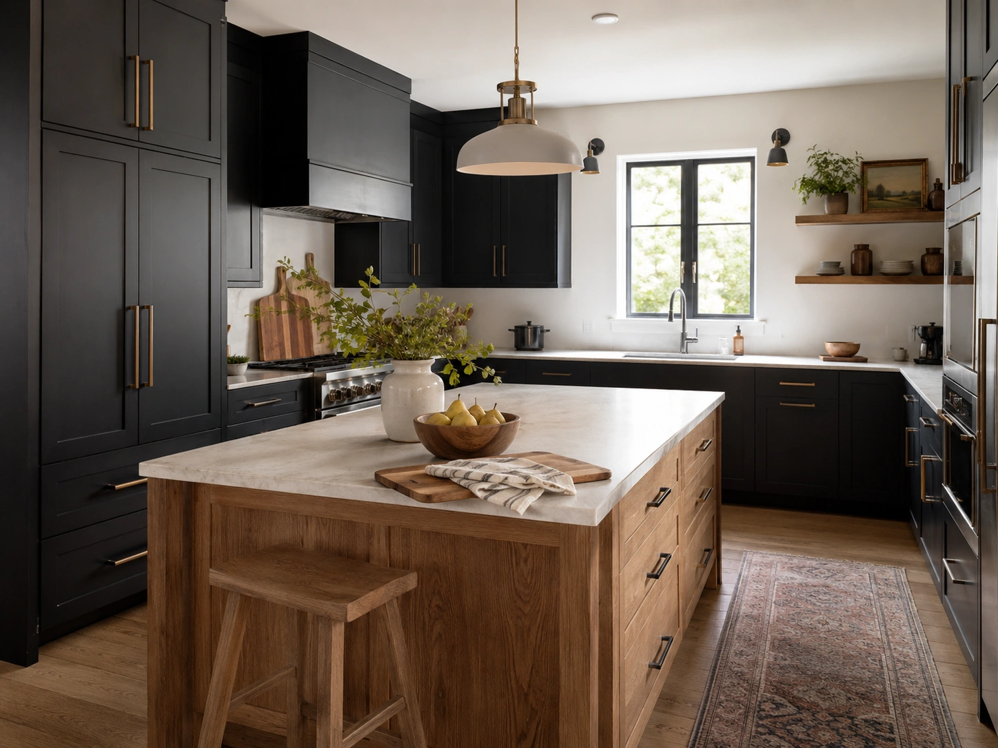 Black Shaker cabinets with brass hardware, white counters, and a natural wood kitchen island.