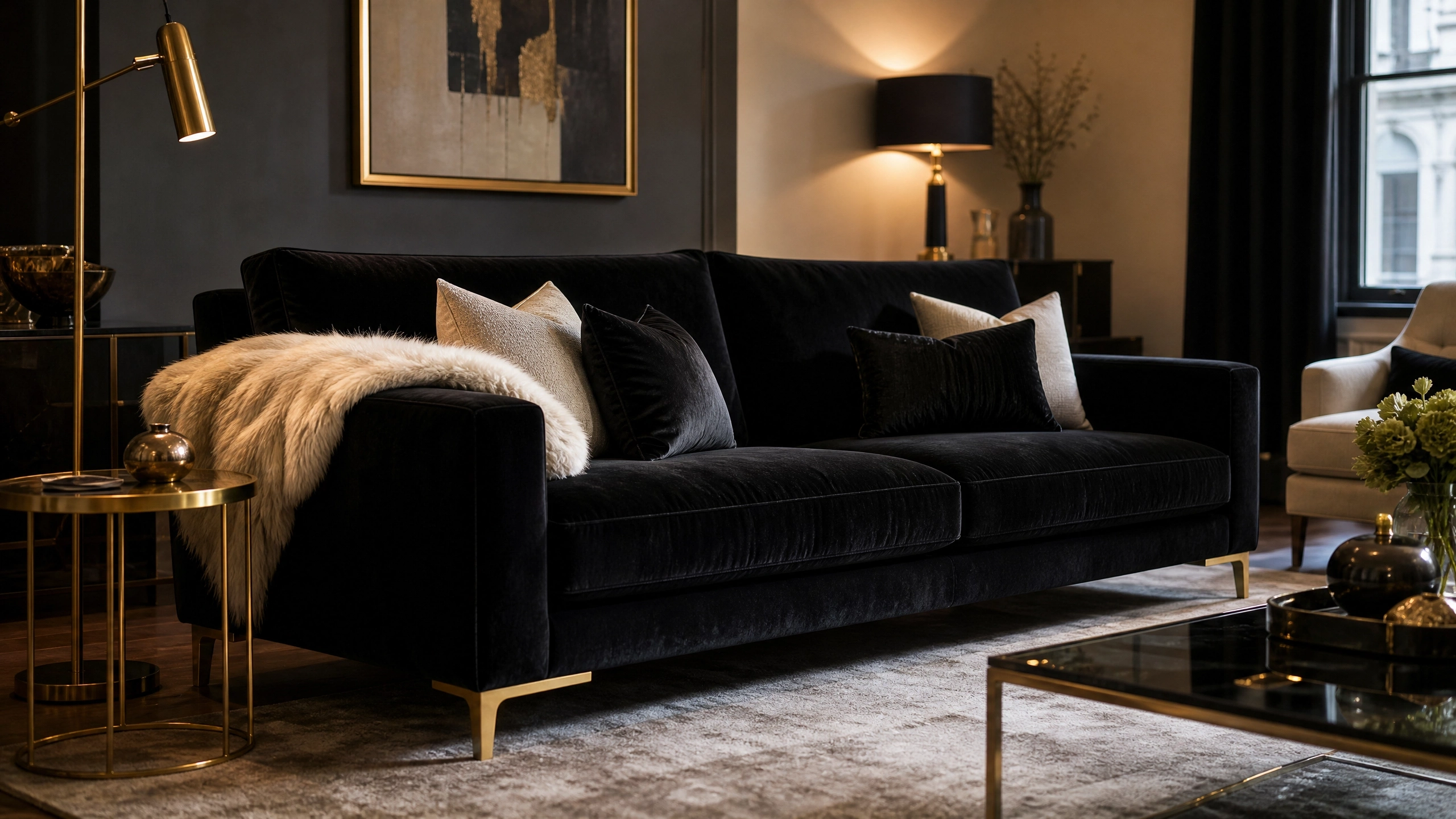 Glam apartment living room with a black velvet sofa, gold accents, cream pillows, faux fur throw, and warm lighting.
