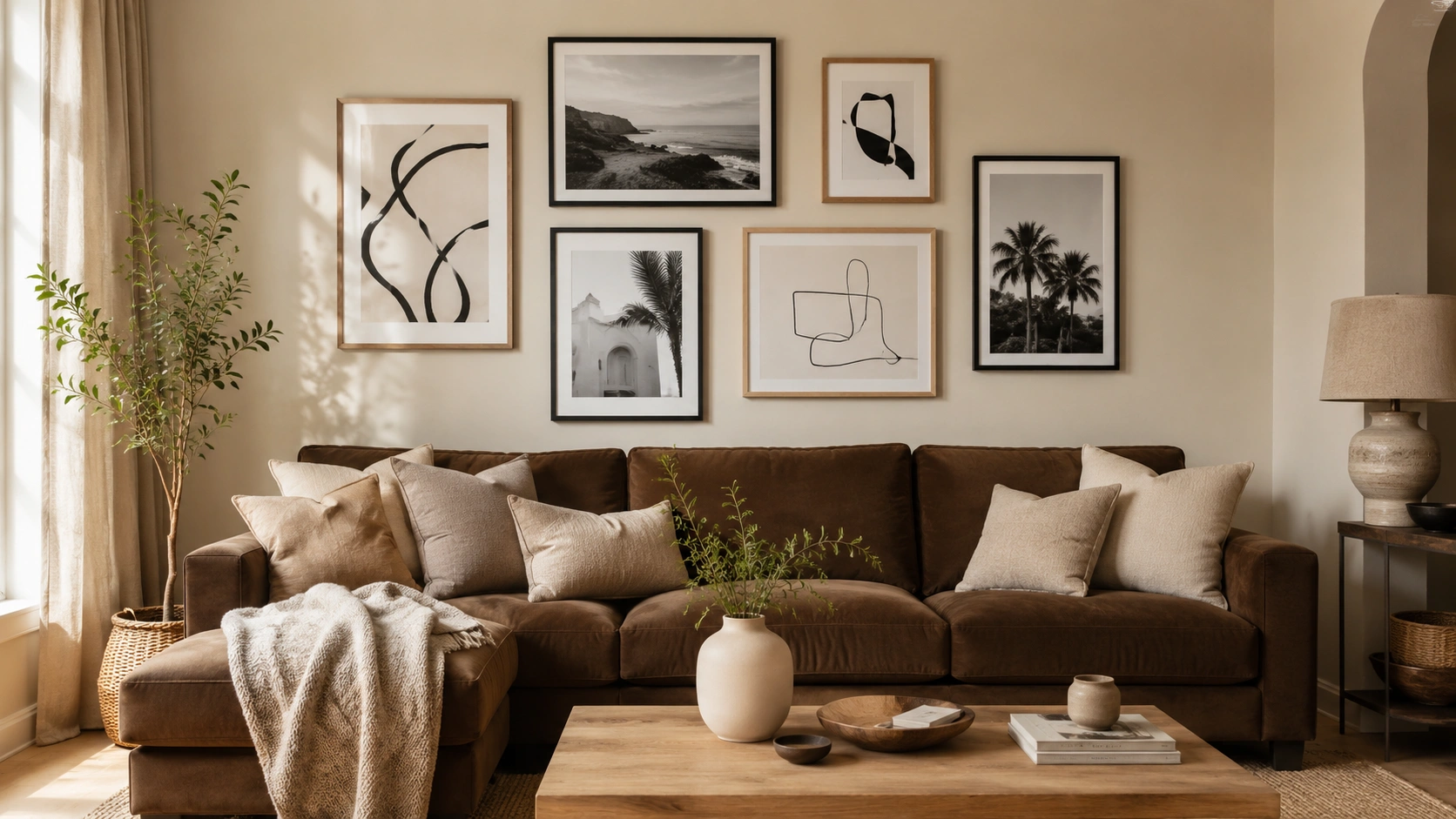 Black and white gallery wall above a chocolate brown sofa in a cozy neutral living room