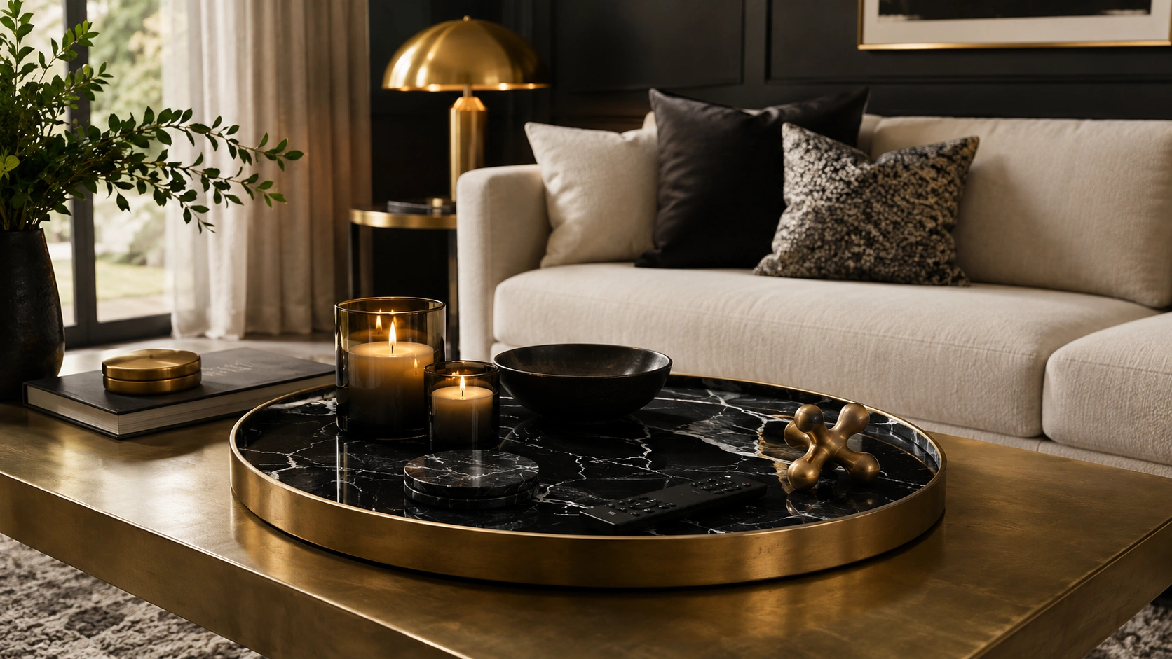 Black marble tray with white veining and gold trim styled on a brass coffee table in an elegant living room.