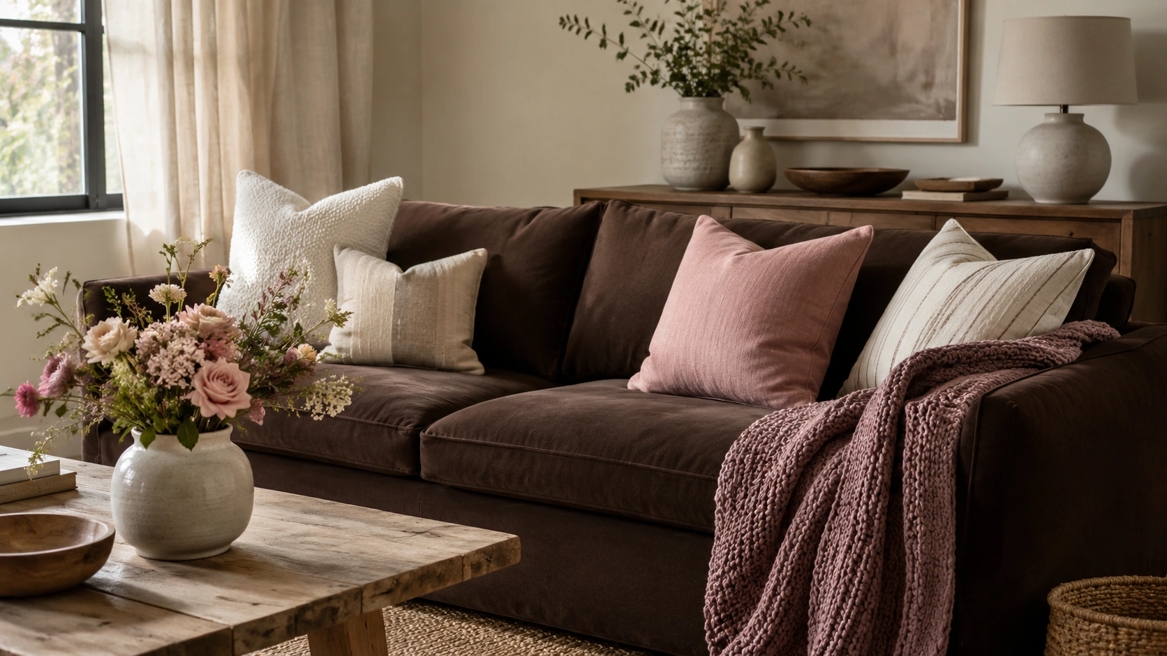 Chocolate brown sofa styled with blush pink pillow, mauve knit throw, and soft floral accents