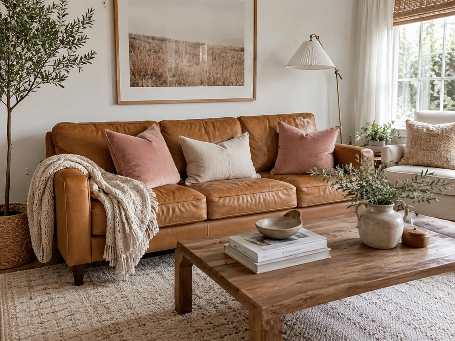 Blush pink velvet pillows on a brown leather sofa in a cozy neutral living room
