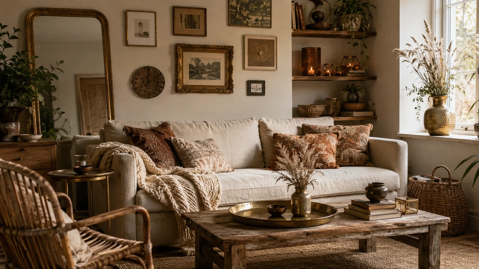 Bohemian living room with brass tray, aged gold mirror, copper candles, and warm metallic accents throughout.