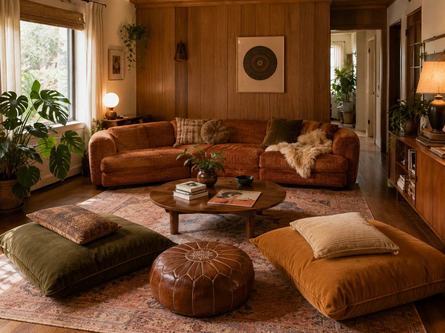 Bohemian living room conversation corner with floor cushions, leather pouf, and warm earth tones.