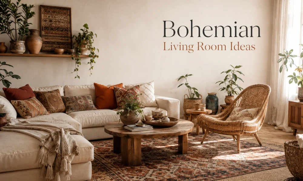 Bohemian living room with cream sofa, rattan chair, layered rug, plants, and earthy decor.
