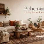 Bohemian living room with cream sofa, rattan chair, layered rug, plants, and earthy decor.