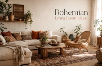 Bohemian living room with cream sofa, rattan chair, layered rug, plants, and earthy decor.