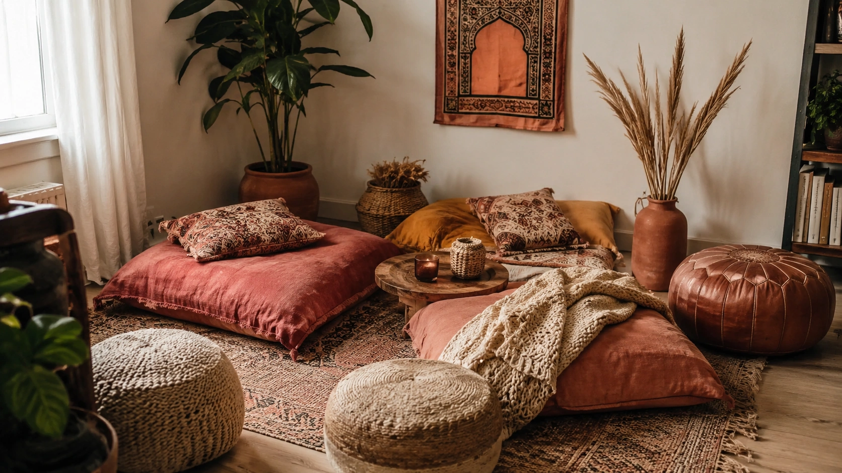 Bohemian low floor seating nook with oversized cushions, poufs, wooden tray table, plants, and warm earthy decor.