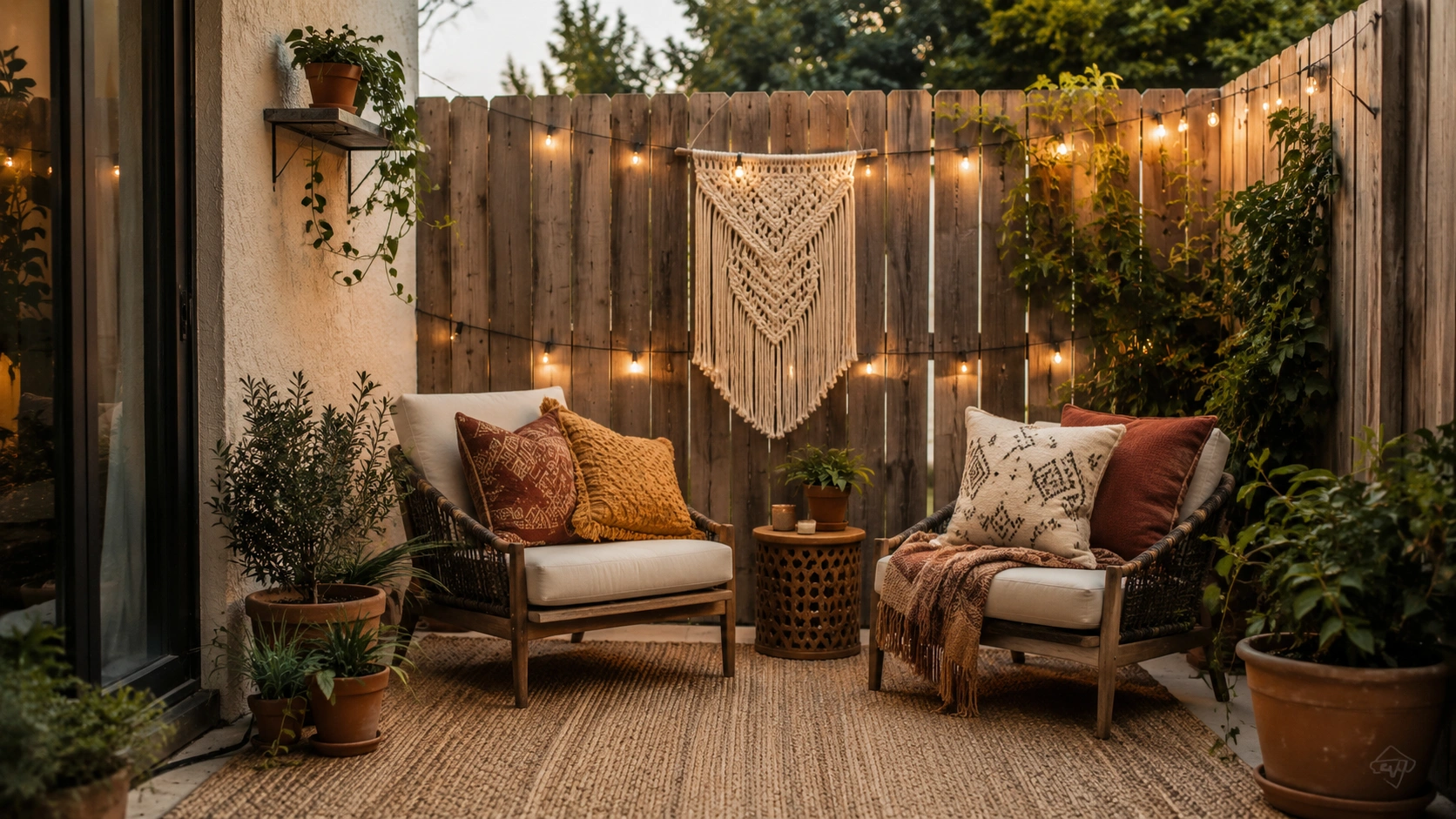 Bohemian patio with macramé wall hanging, layered pillows, string lights, and warm earthy accents.
