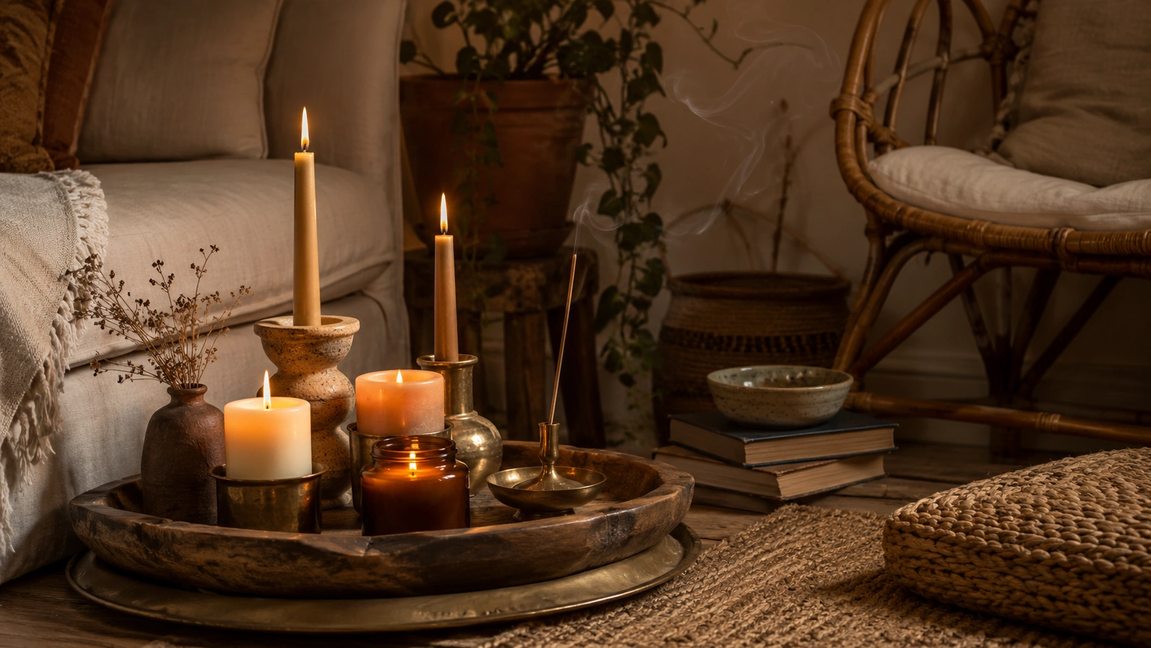 Boho candle and incense corner with brass holders, wooden tray, rattan chair, and warm moody lighting.