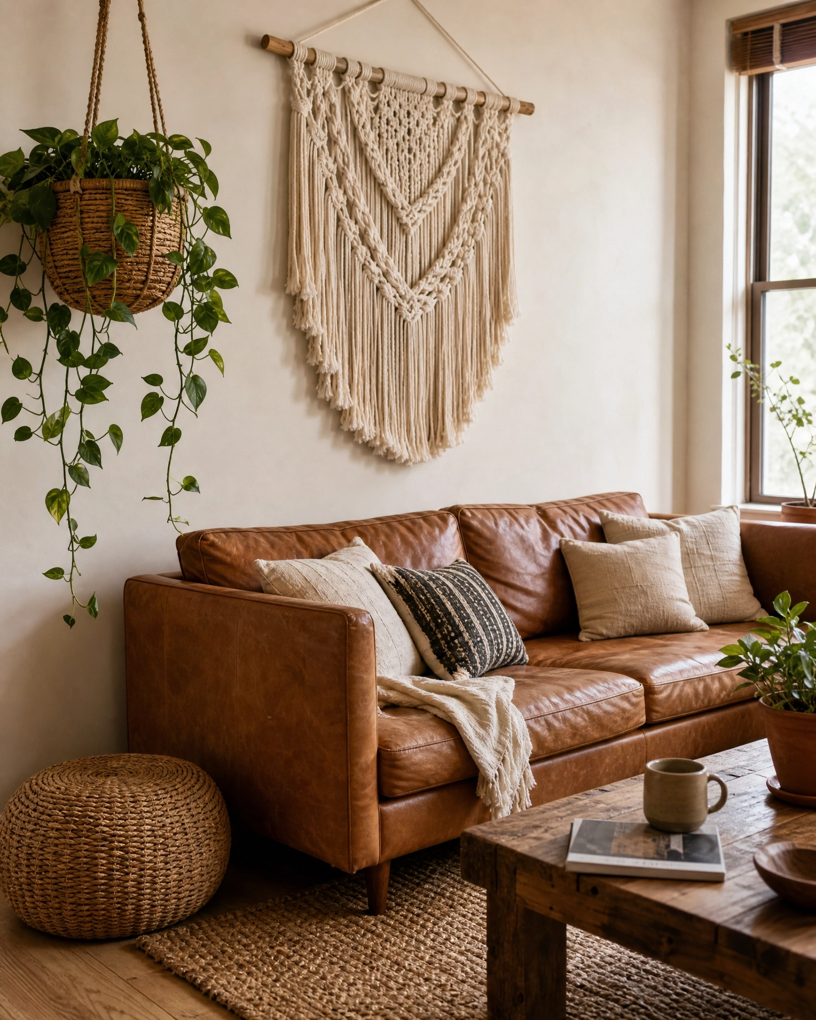 Boho living room corner with macrame wall art, trailing pothos, brown leather sofa, and woven textures.