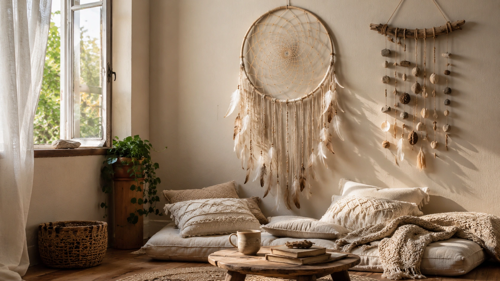 Boho reading corner with handmade dreamcatcher, feather wall art, stacked cushions, and warm sunlight.