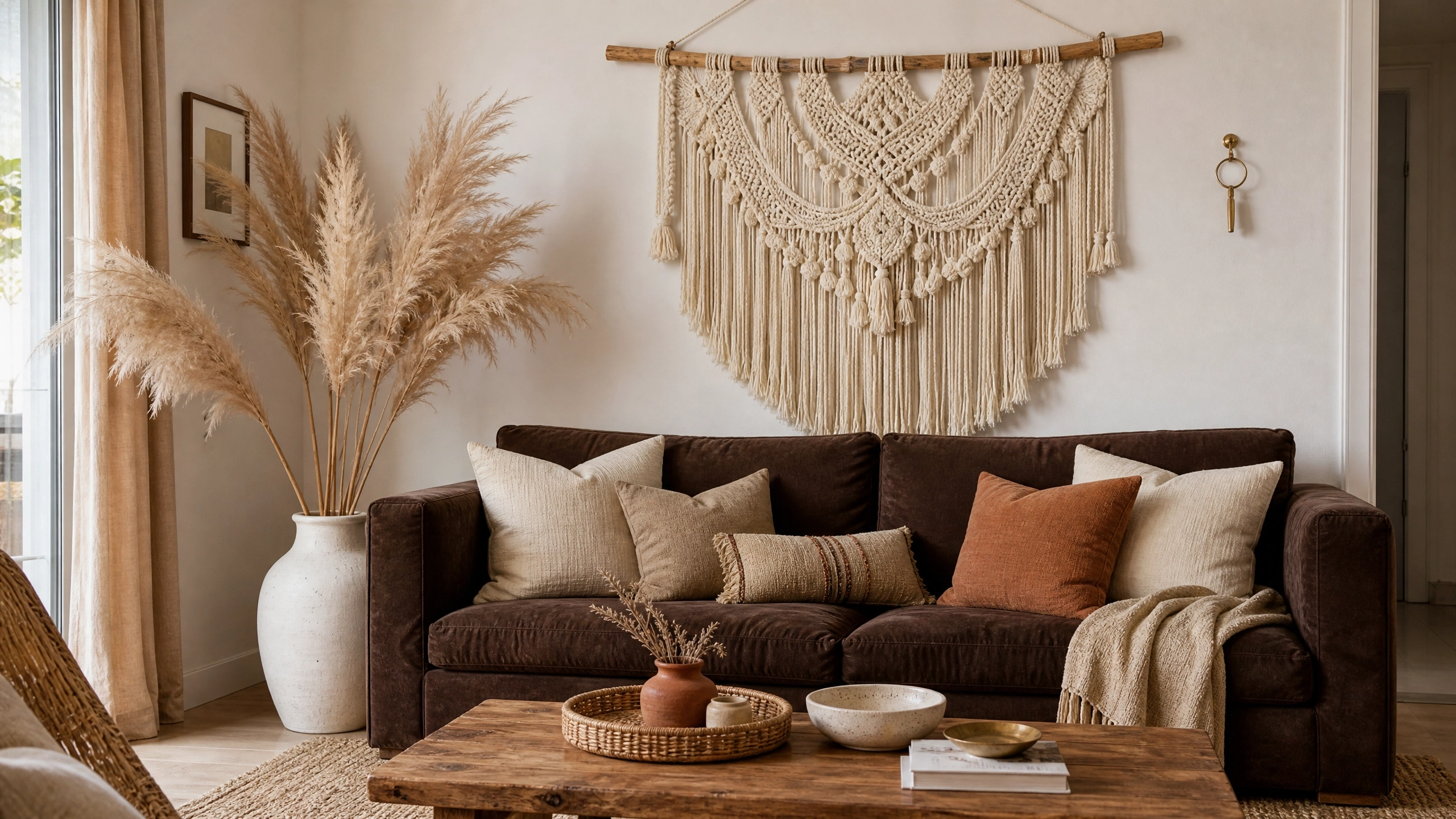 Boho living room with macramé wall hanging, pampas grass vase, and chocolate brown couch.