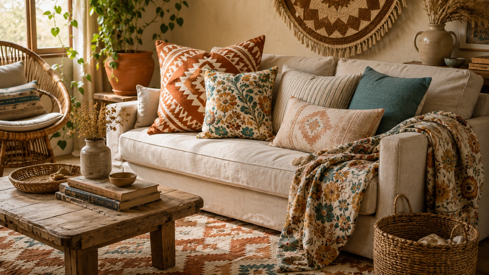 Boho sofa with tribal, floral and striped cushions using the three-pattern layering rule.