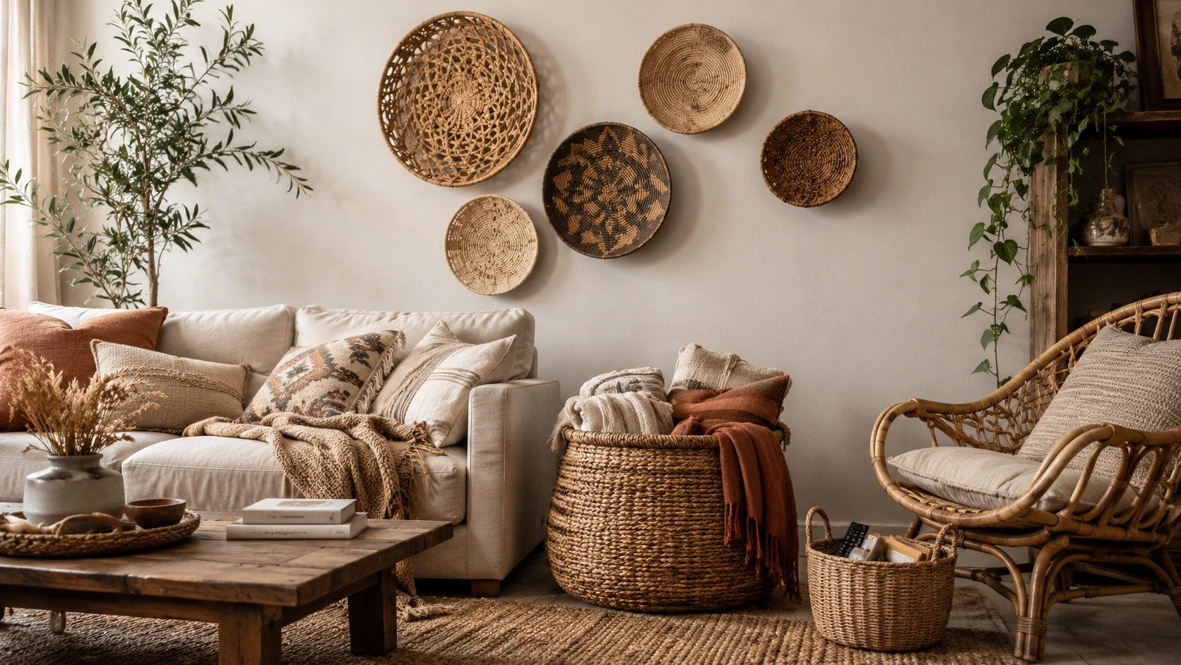 Boho living room with woven basket wall decor and stylish floor storage baskets beside a linen sofa.
