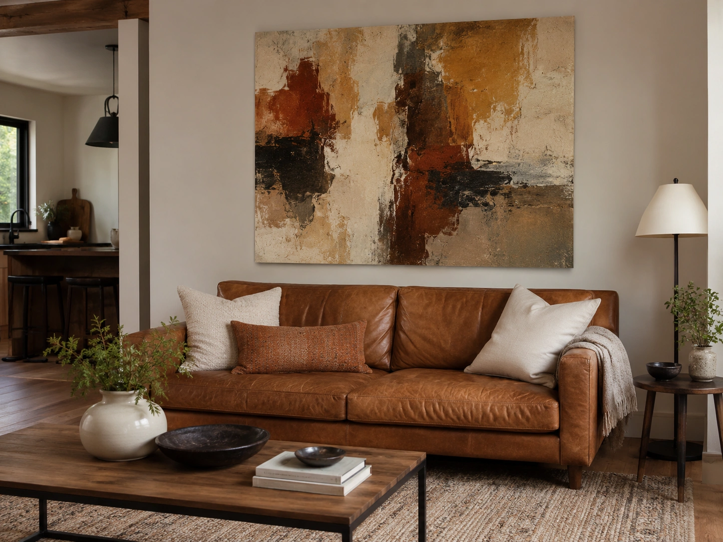 Large bold abstract canvas above a tan leather couch in a warm modern living room.