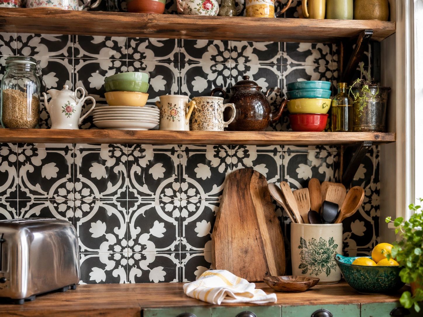 Bold black-and-white ceramic tile kitchen backsplash with rustic open shelves and vintage dishes.