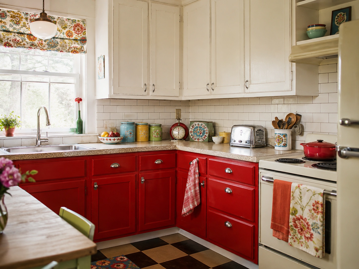 Vintage kitchen with bold red lower cabinets, cream uppers, white tile backsplash, and colorful retro decor.