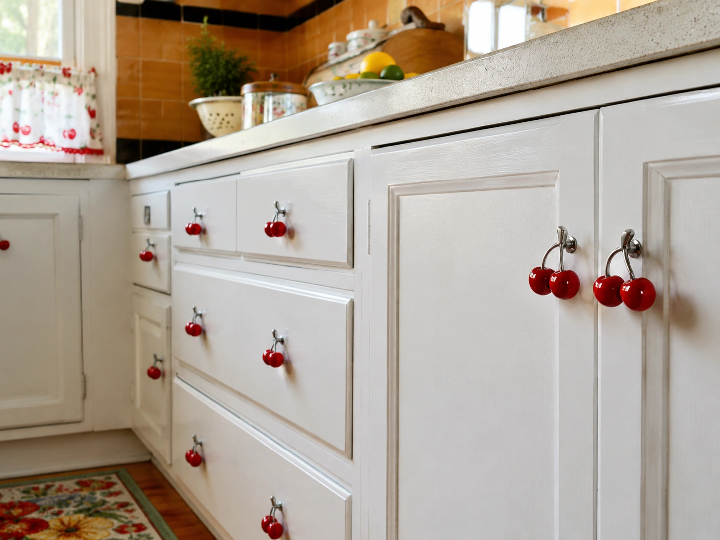 White kitchen cabinets with bold red cherry pulls and kitschy fruit-inspired cabinet hardware.