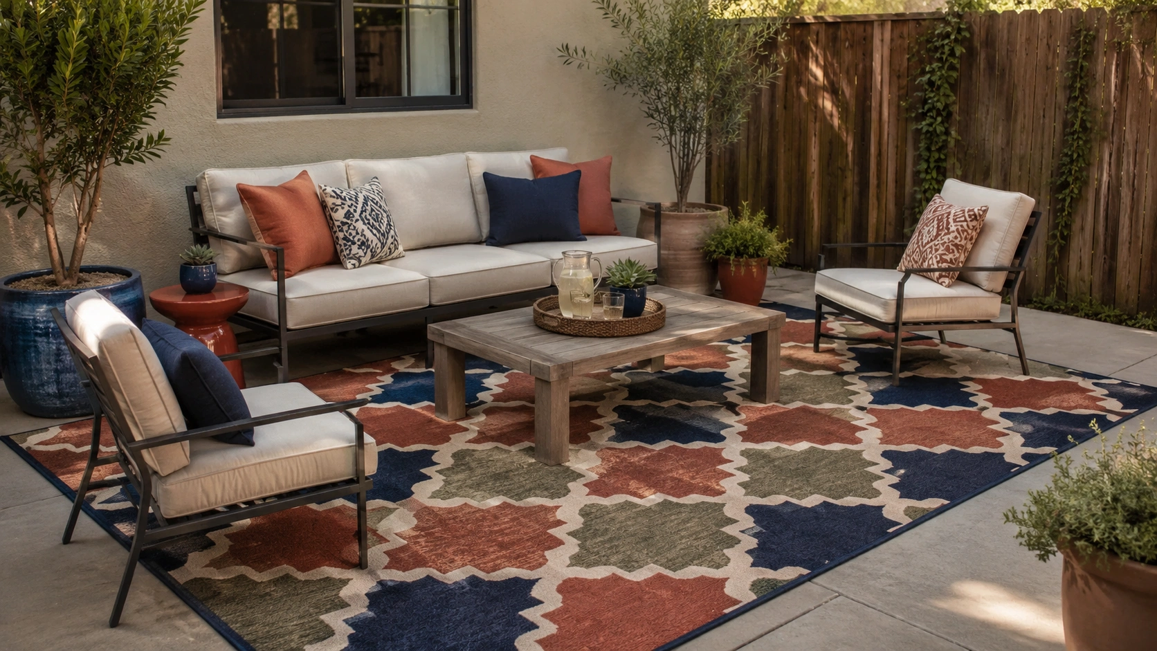 Bold patterned outdoor rug anchoring a cozy patio seating area with sofa, chairs, and coffee table.
