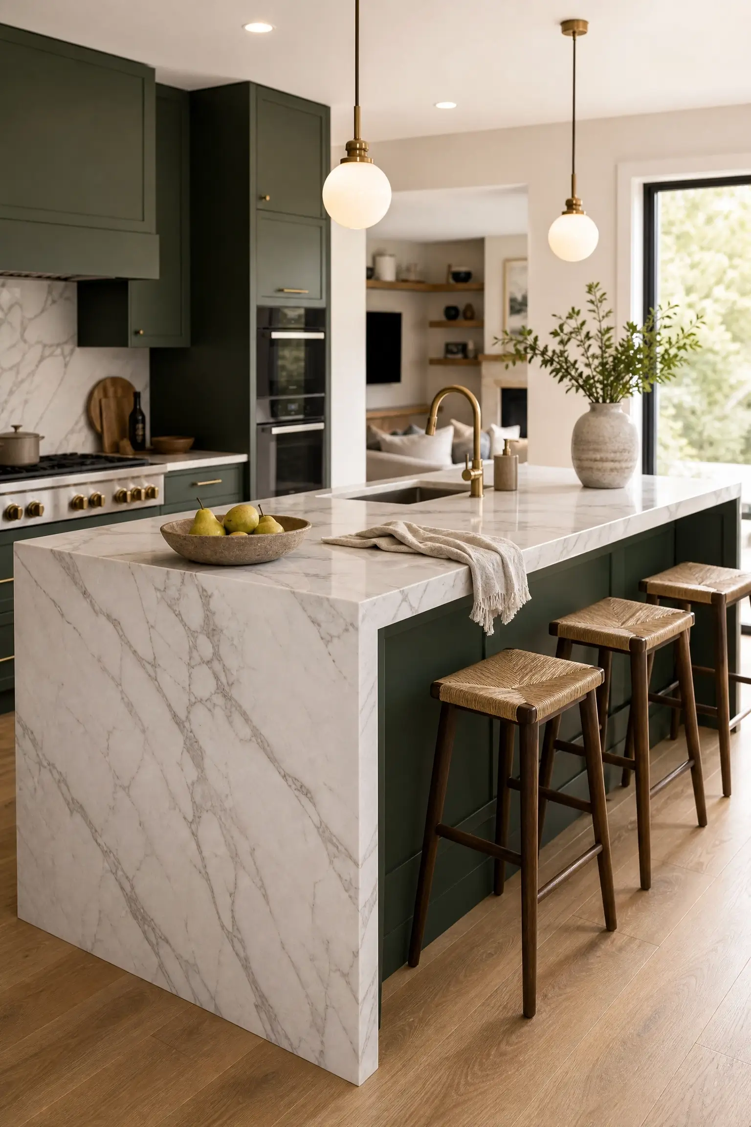 Book-matched marble waterfall edge on a dark green kitchen island with brass fixtures and wood stools