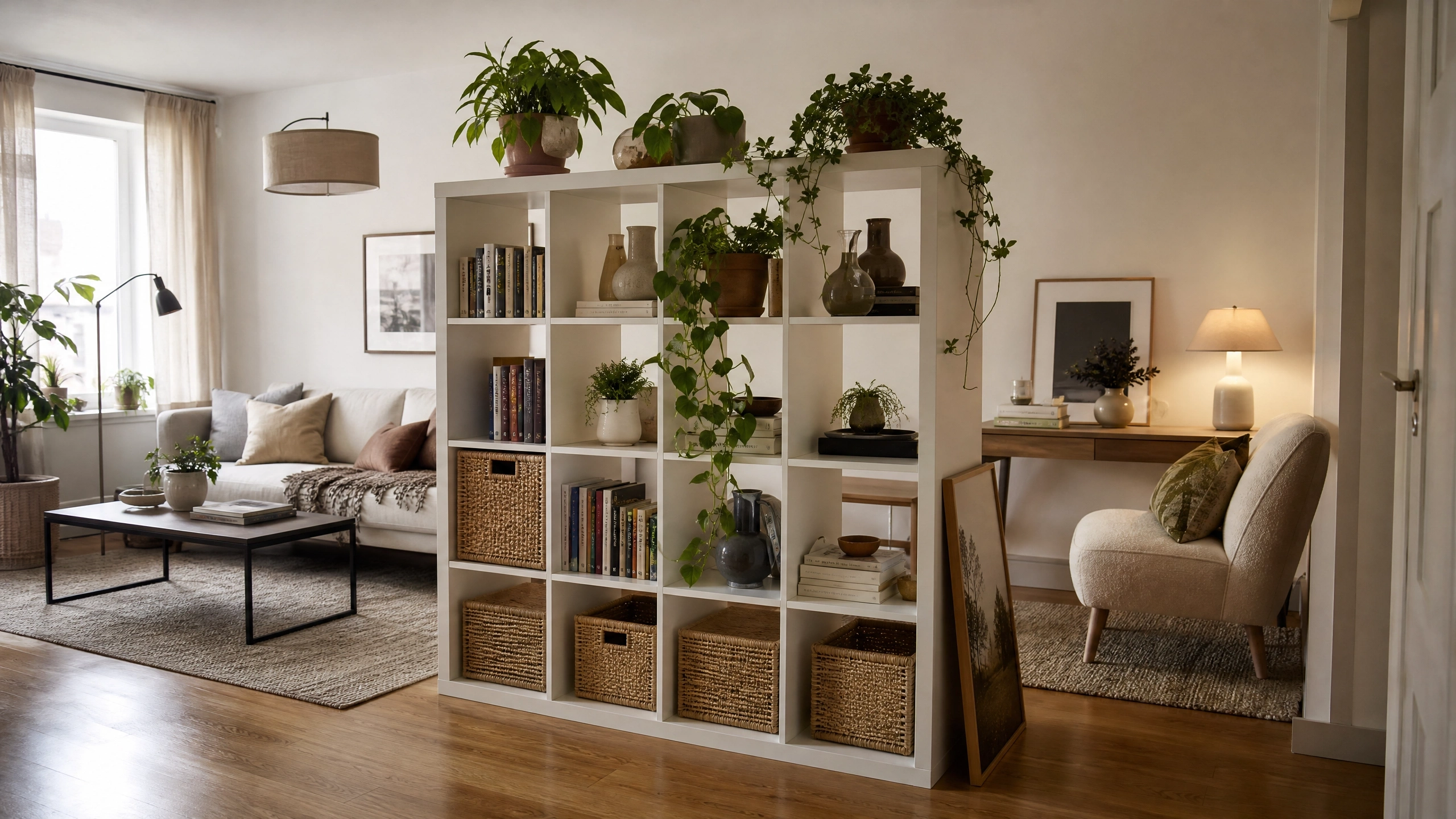 White bookshelf used as a freestanding room divider between a living room and cozy reading nook.