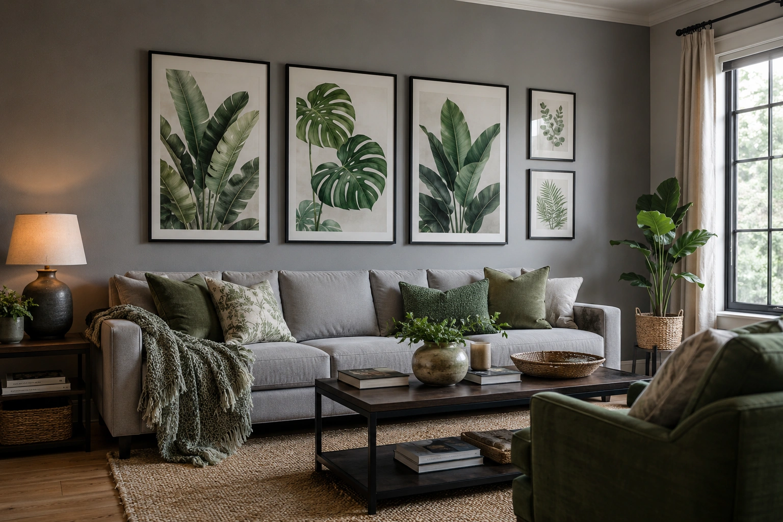 Grey living room with botanical print gallery wall, green pillows, indoor plant, and natural woven textures.