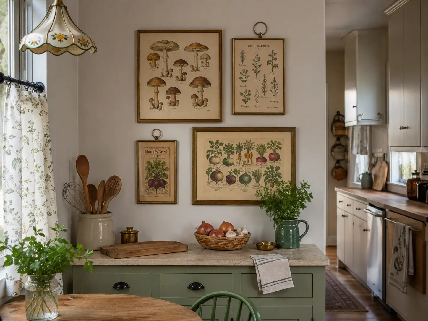 Vintage botanical and food prints framed above a sage green kitchen sideboard with herbs and rustic decor